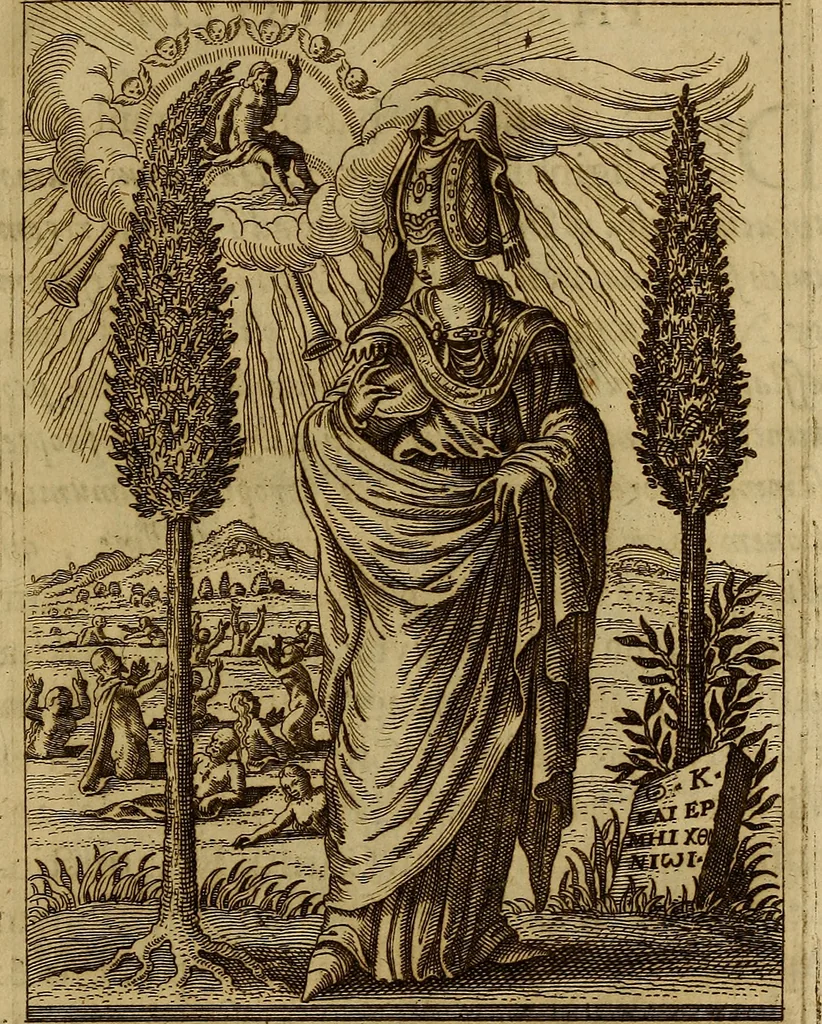 An illustration from Historia deorum fatidicorum, vatum, sibyllarum, phoebadum, apud priscos illustrium : cum eorum iconibus : praeposita est disertatio de divinatione et oraculis, 1675, leaf 218