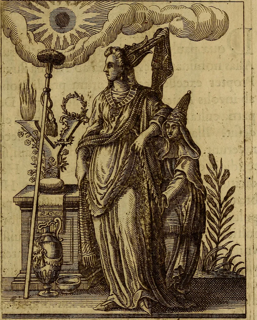 An illustration from Historia deorum fatidicorum, vatum, sibyllarum, phoebadum, apud priscos illustrium : cum eorum iconibus : praeposita est disertatio de divinatione et oraculis, 1675, leaf 220