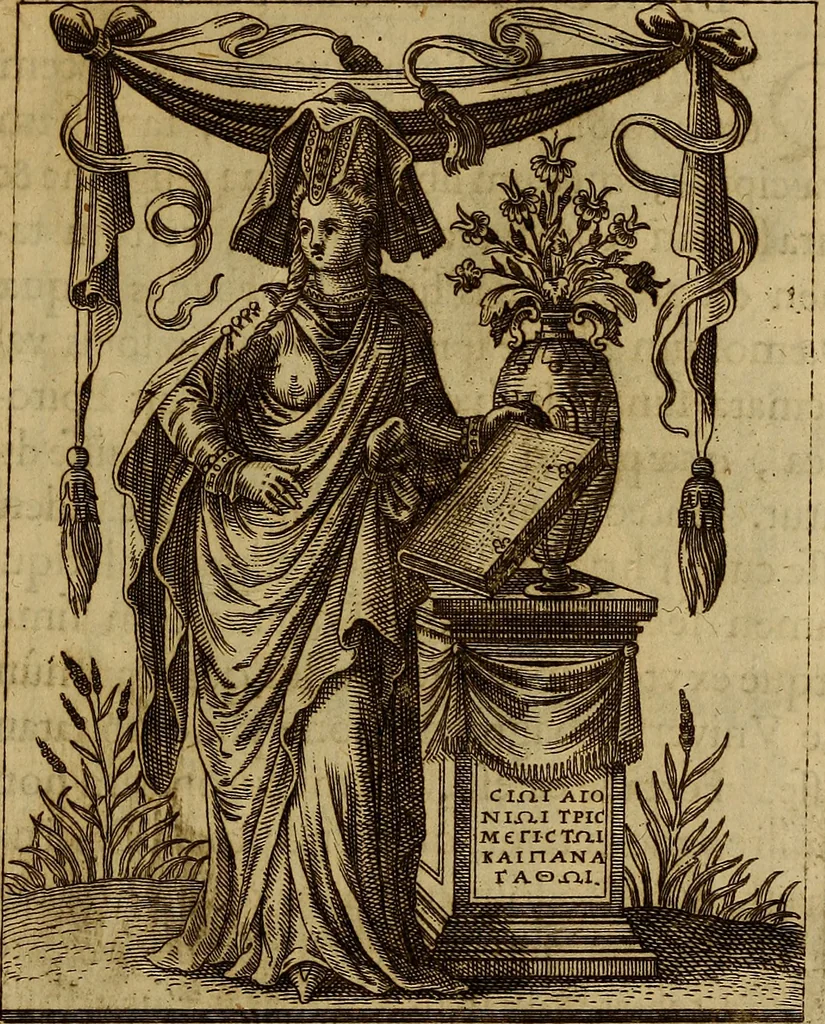 An illustration from Historia deorum fatidicorum, vatum, sibyllarum, phoebadum, apud priscos illustrium : cum eorum iconibus : praeposita est disertatio de divinatione et oraculis, 1675, leaf 222