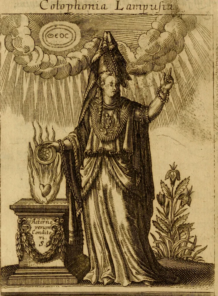 An illustration from Historia deorum fatidicorum, vatum, sibyllarum, phoebadum, apud priscos illustrium : cum eorum iconibus : praeposita est disertatio de divinatione et oraculis, 1675, leaf 227