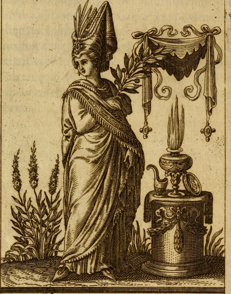 An illustration from Historia deorum fatidicorum, vatum, sibyllarum, phoebadum, apud priscos illustrium : cum eorum iconibus : praeposita est disertatio de divinatione et oraculis, 1675, leaf 251