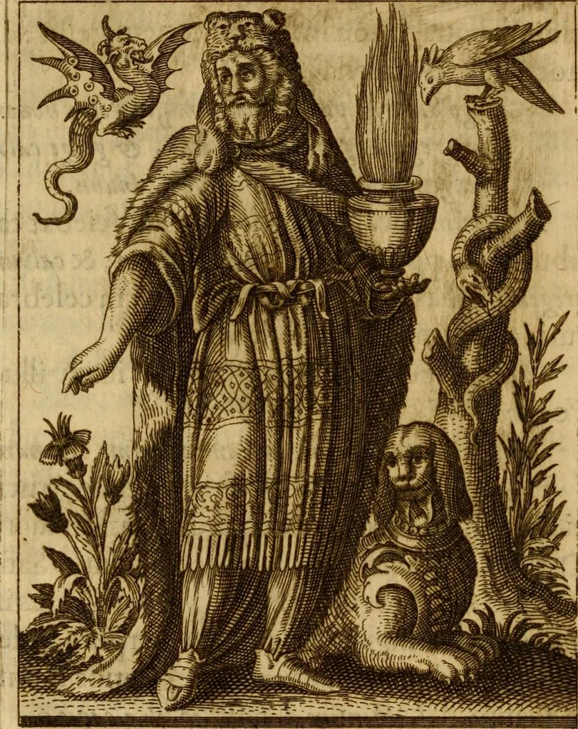 An illustration from Historia deorum fatidicorum, vatum, sibyllarum, phoebadum, apud priscos illustrium : cum eorum iconibus : praeposita est disertatio de divinatione et oraculis, 1675, leaf 77