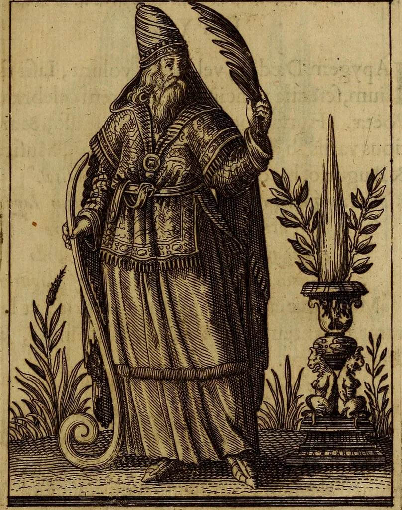 An illustration from Historia deorum fatidicorum, vatum, sibyllarum, phoebadum, apud priscos illustrium : cum eorum iconibus : praeposita est disertatio de divinatione et oraculis, 1675, leaf 94