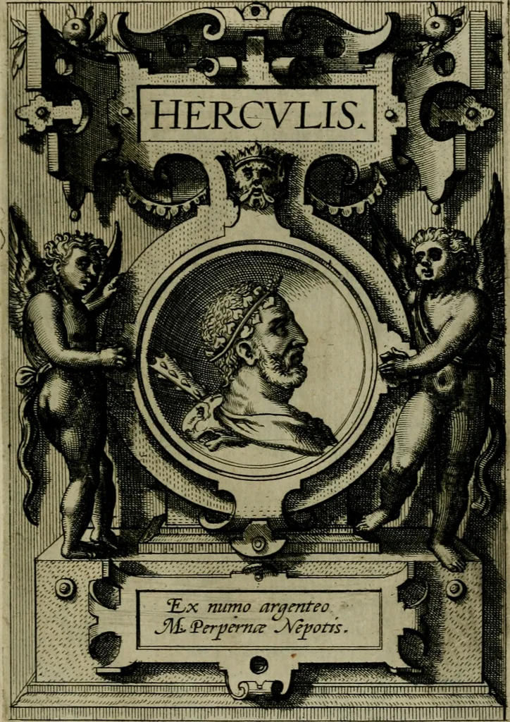 An illustration from Deorvm dearvmqve capita : ex vetustis numismatibus in gratiam antiquitatis studiosorum effigiata et edita : ex museo Abrahami Ortelii, 1573, leaf 52