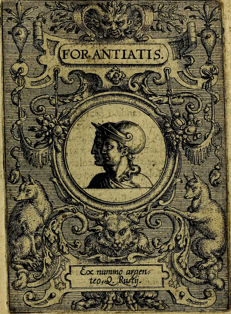 An illustration from Deorvm dearvmqve capita, ex antiquis numismatibus Abrahami Ortelii collecta et historica narratione illustrata a Francisco Sweertio, 1602, leaf 104