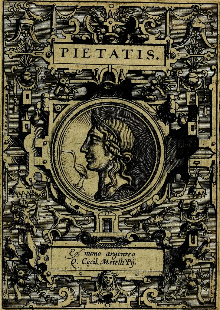 An illustration from Deorvm dearvmqve capita, ex antiquis numismatibus Abrahami Ortelii collecta et historica narratione illustrata a Francisco Sweertio, 1602, leaf 130