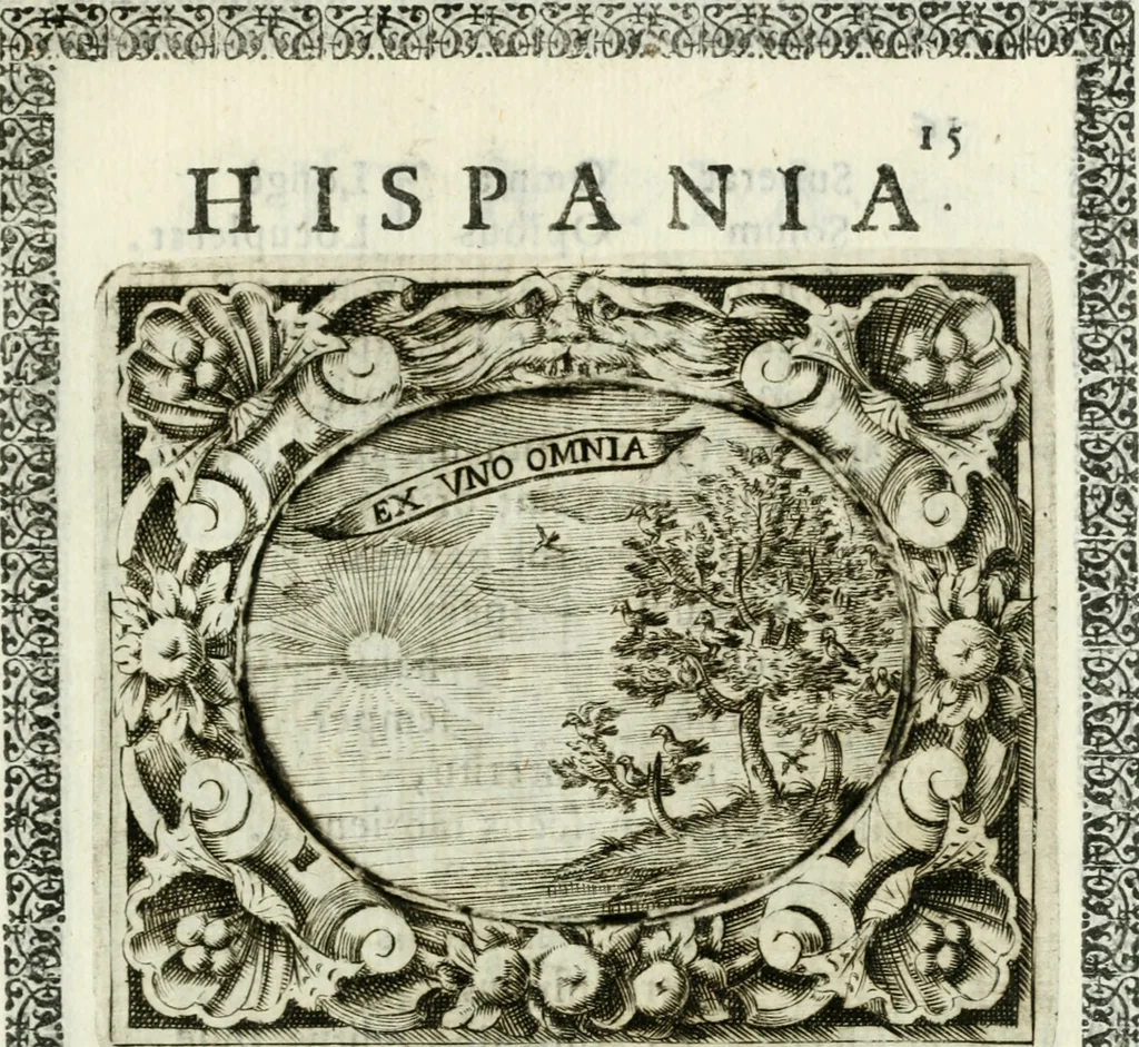 An illustration from De pace inter hispaniarum et galliarum reges habita : panegyrica dictio, 1660, leaf 18