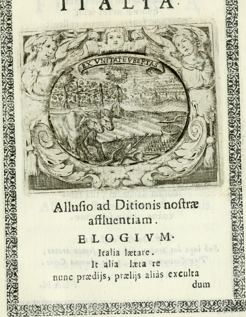 An illustration from De pace inter hispaniarum et galliarum reges habita : panegyrica dictio, 1660, leaf 20