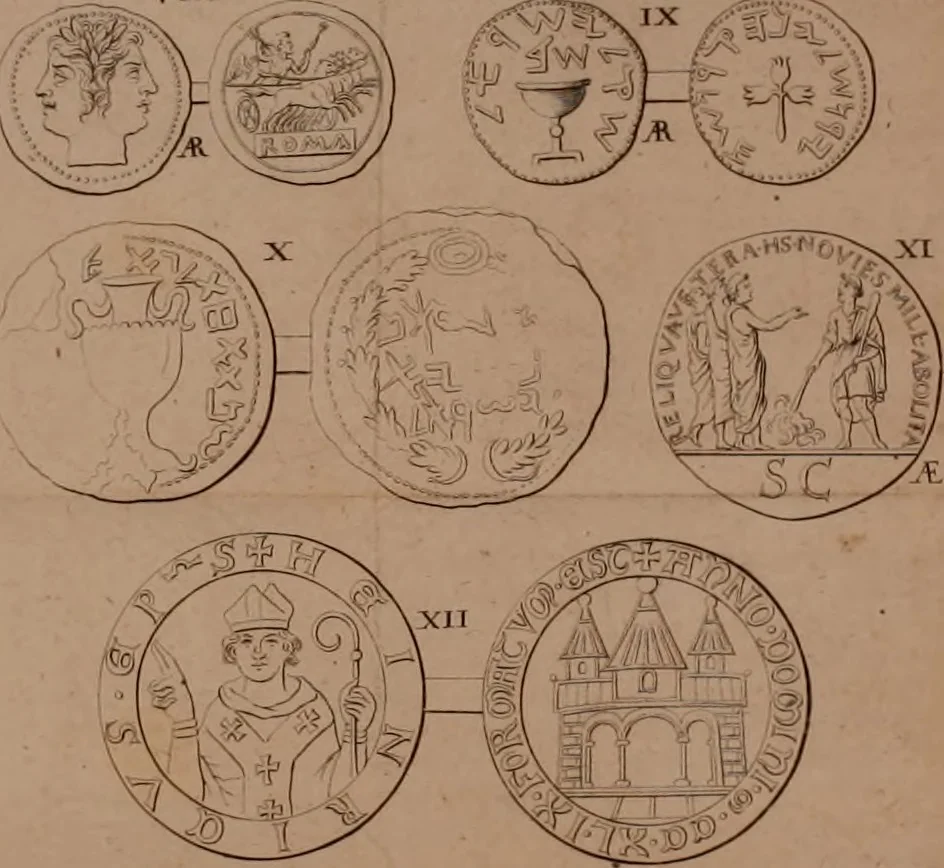 An illustration from De ponderibus et mensuris veterum Romanorum, Graecorum, Hebraeorum; nec non de valore pecuniae veteris, disquisito. Accesserunt hac editione tabulae scioppii nummariae et ex variis auctoribus de pecunia Romanorum excerpt, 1737, leaf 163