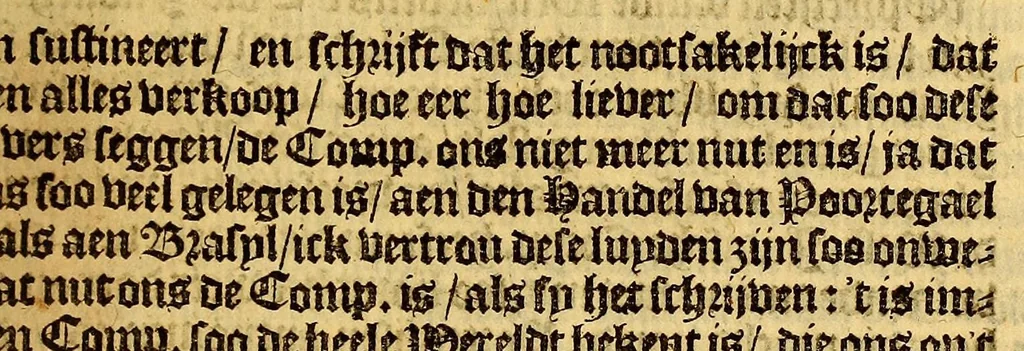 An illustration from De Portogysen goeden buyrman. : Ghetrocken uyt de registers van syn goet gebuerschap gehouden in Lisbona, Maringan, Caep Sint Augustijn, Sint Paulo de Loando, en Sant Tomée. Dienende tot antwoort op het ongefondeerde Brasyls-Schuyt-praetjen, weest onnosel als de duyven, en voorsichtich als de slangen, 1649, leaf 7