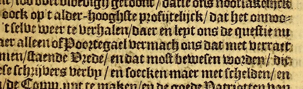 An illustration from De Portogysen goeden buyrman. : Ghetrocken uyt de registers van syn goet gebuerschap gehouden in Lisbona, Maringan, Caep Sint Augustijn, Sint Paulo de Loando, en Sant Tomée. Dienende tot antwoort op het ongefondeerde Brasyls-Schuyt-praetjen, weest onnosel als de duyven, en voorsichtich als de slangen, 1649, leaf 7