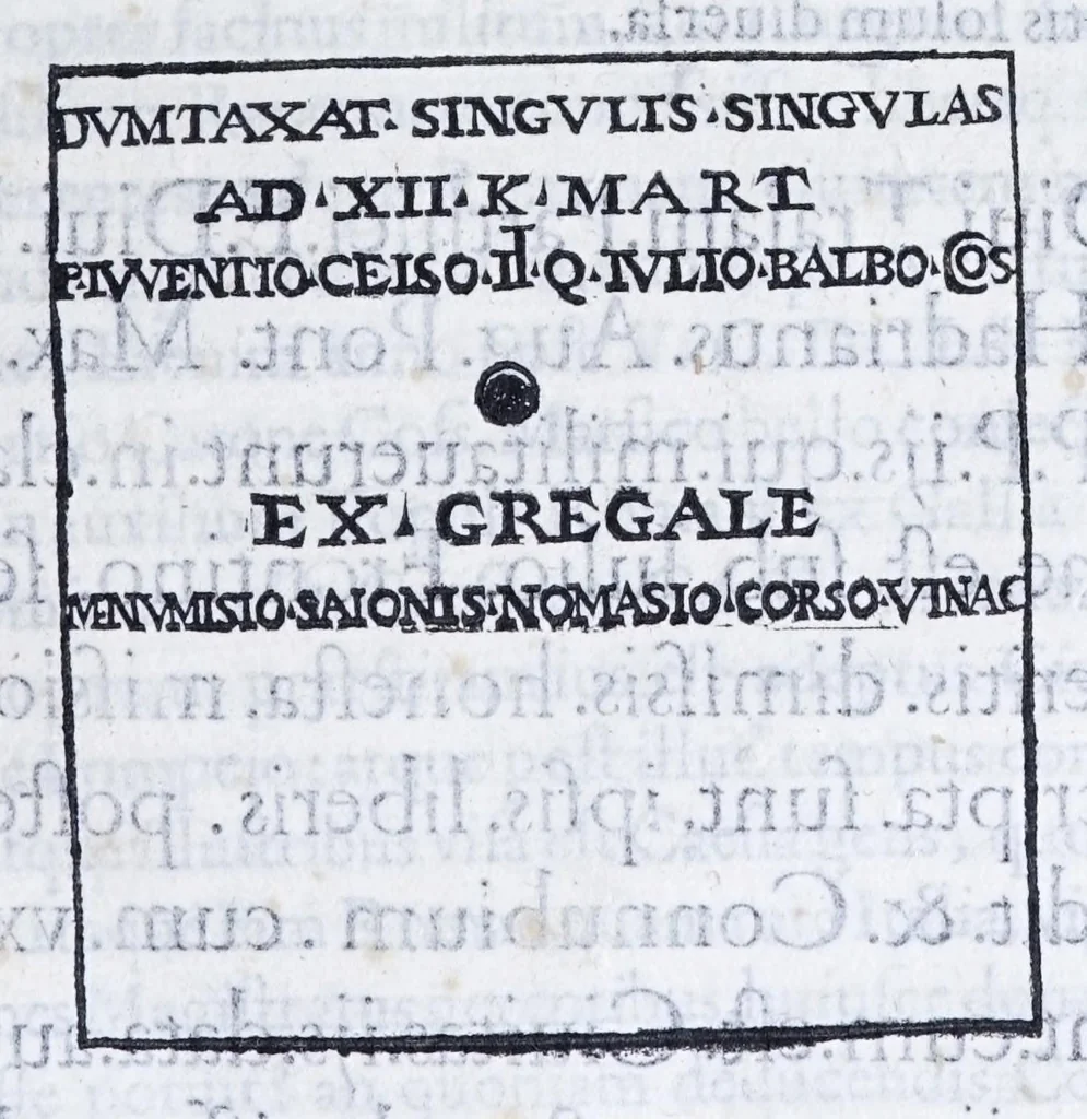 An illustration from De prisca Caesiorvm gente Io. Baptistae Fonteii primionis commentariorvm libri dvo : cvm Ivlii Iacobonii appendice, 1582, leaf 119