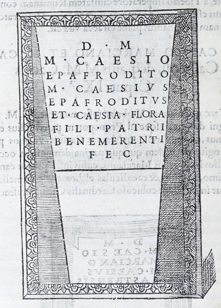 An illustration from De prisca Caesiorvm gente Io. Baptistae Fonteii primionis commentariorvm libri dvo : cvm Ivlii Iacobonii appendice, 1582, leaf 152