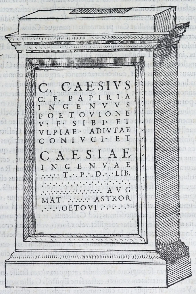 An illustration from De prisca Caesiorvm gente Io. Baptistae Fonteii primionis commentariorvm libri dvo : cvm Ivlii Iacobonii appendice, 1582, leaf 181