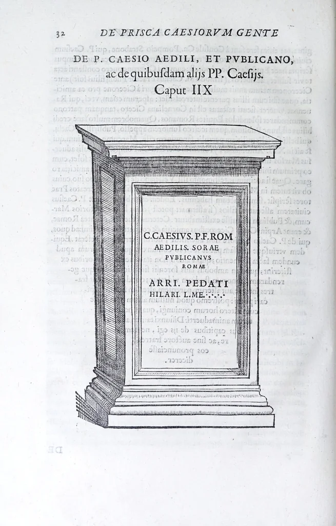 An illustration from De prisca Caesiorvm gente Io. Baptistae Fonteii primionis commentariorvm libri dvo : cvm Ivlii Iacobonii appendice, 1582, leaf 48