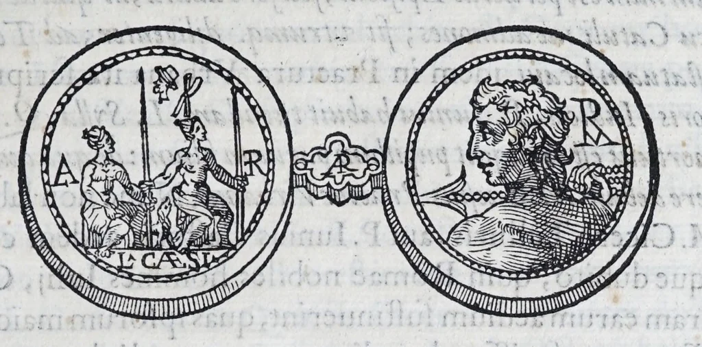 An illustration from De prisca Caesiorvm gente Io. Baptistae Fonteii primionis commentariorvm libri dvo : cvm Ivlii Iacobonii appendice, 1582, leaf 75