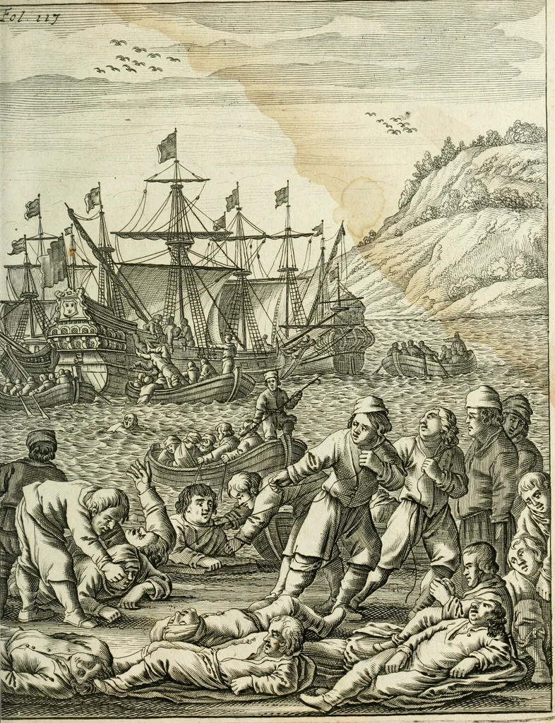 An illustration from De rampspoedige scheepvaart der Franschen naar Oostindien, onder 't beleit van de Heer Generaal Augustyn van Beaulieu, met drie schepen, uit Normandyen. Daar in hy vertoont, niet alleenlijk de rampen en tegenspoeden die hem in deze reis overgekomen zijn, en 't verlies van twee zijner schepen, in deze tocht verloren: maar ook veel aanmerkelijke beschrijvingen der plaatsen, daar hy geweest heeft, zijn handelingen met d'inwoonders, hun wetten, zeden en gewoonten, 1669, leaf 136