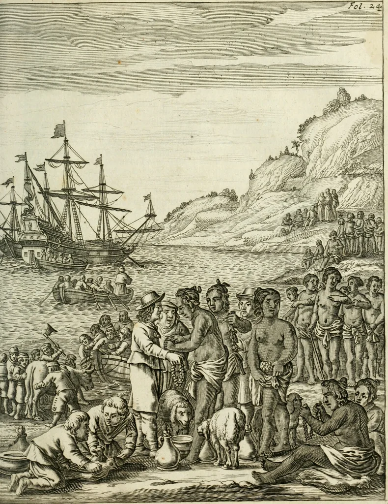 An illustration from De rampspoedige scheepvaart der Franschen naar Oostindien, onder 't beleit van de Heer Generaal Augustyn van Beaulieu, met drie schepen, uit Normandyen. Daar in hy vertoont, niet alleenlijk de rampen en tegenspoeden die hem in deze reis overgekomen zijn, en 't verlies van twee zijner schepen, in deze tocht verloren: maar ook veel aanmerkelijke beschrijvingen der plaatsen, daar hy geweest heeft, zijn handelingen met d'inwoonders, hun wetten, zeden en gewoonten, 1669, leaf 32