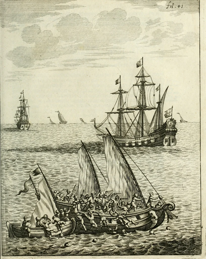 An illustration from De rampspoedige scheepvaart der Franschen naar Oostindien, onder 't beleit van de Heer Generaal Augustyn van Beaulieu, met drie schepen, uit Normandyen. Daar in hy vertoont, niet alleenlijk de rampen en tegenspoeden die hem in deze reis overgekomen zijn, en 't verlies van twee zijner schepen, in deze tocht verloren: maar ook veel aanmerkelijke beschrijvingen der plaatsen, daar hy geweest heeft, zijn handelingen met d'inwoonders, hun wetten, zeden en gewoonten, 1669, leaf 50