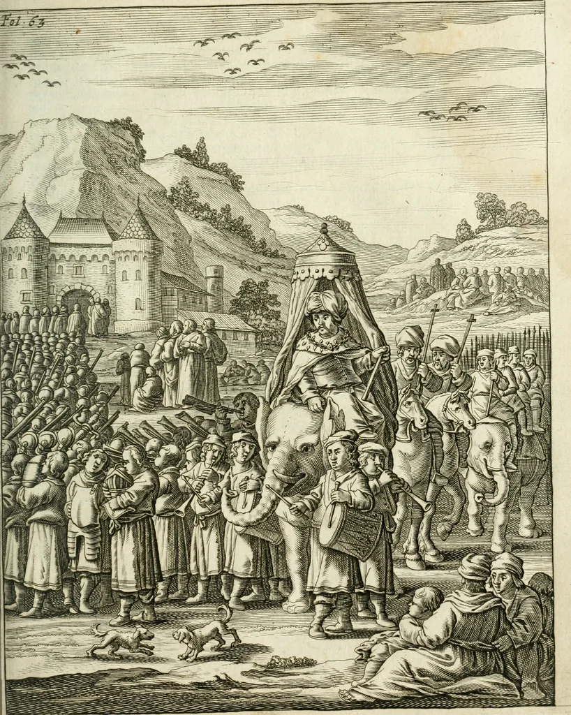 An illustration from De rampspoedige scheepvaart der Franschen naar Oostindien, onder 't beleit van de Heer Generaal Augustyn van Beaulieu, met drie schepen, uit Normandyen. Daar in hy vertoont, niet alleenlijk de rampen en tegenspoeden die hem in deze reis overgekomen zijn, en 't verlies van twee zijner schepen, in deze tocht verloren: maar ook veel aanmerkelijke beschrijvingen der plaatsen, daar hy geweest heeft, zijn handelingen met d'inwoonders, hun wetten, zeden en gewoonten, 1669, leaf 74