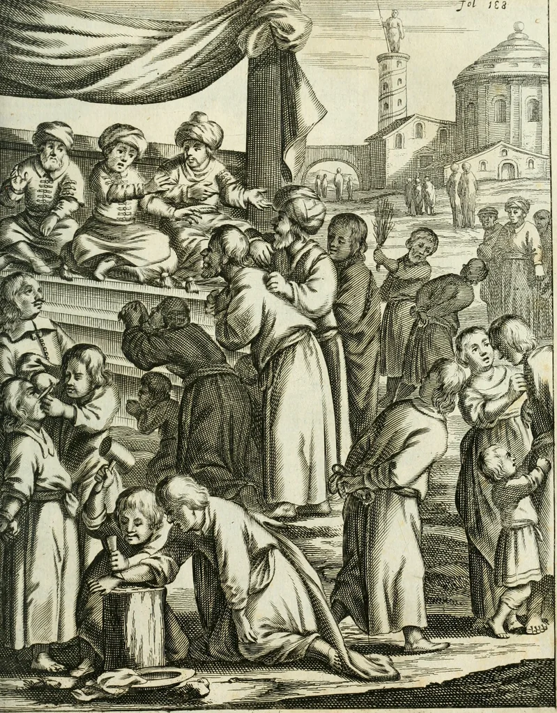 An illustration from De rampspoedige scheepvaart der Franschen naar Oostindien, onder 't beleit van de Heer Generaal Augustyn van Beaulieu, met drie schepen, uit Normandyen. Daar in hy vertoont, niet alleenlijk de rampen en tegenspoeden die hem in deze reis overgekomen zijn, en 't verlies van twee zijner schepen, in deze tocht verloren: maar ook veel aanmerkelijke beschrijvingen der plaatsen, daar hy geweest heeft, zijn handelingen met d'inwoonders, hun wetten, zeden en gewoonten, 1669, leaf 92