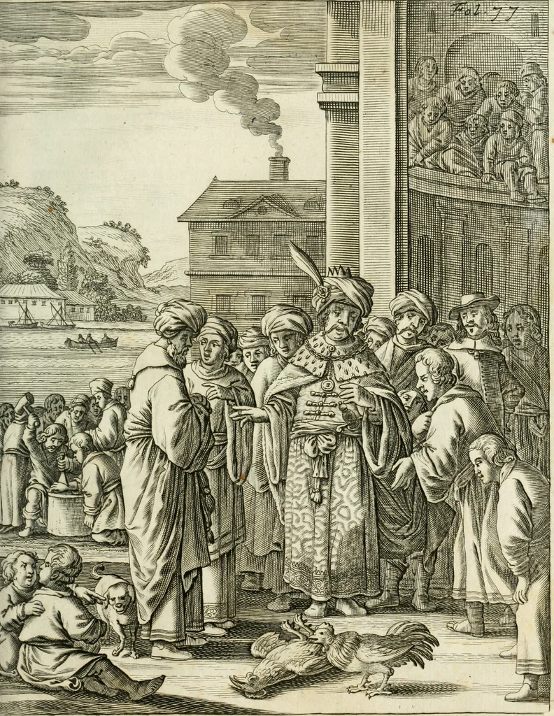 An illustration from De rampspoedige scheepvaart der Franschen naar Oostindien, onder 't beleit van de Heer Generaal Augustyn van Beaulieu, met drie schepen, uit Normandyen. Daar in hy vertoont, niet alleenlijk de rampen en tegenspoeden die hem in deze reis overgekomen zijn, en 't verlies van twee zijner schepen, in deze tocht verloren: maar ook veel aanmerkelijke beschrijvingen der plaatsen, daar hy geweest heeft, zijn handelingen met d'inwoonders, hun wetten, zeden en gewoonten, 1669, leaf 94