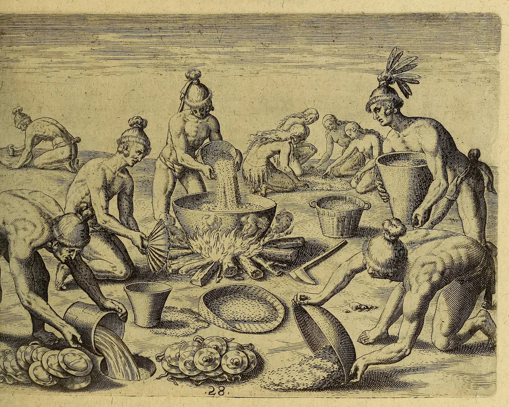An illustration from Der ander Theil, der newlich erfundenen Landtschafft Americae, von dreyen Schiffahrten, so die Frantzosen in Floridam (die gegen Nidergang gelegen) gethan. : Eine vnter dem Hauptman[n] H. Laudonniere, Anno 1564. Die ander vnter H. Ribald 1565. Die dritte, vnter H. Guerguesio 1567. geschehen. Mit Beschreibung vnd lebendiger Contrafactur, dieser Provintze, Gestalt, Sitten vnd Gebräuch der Wilden,, 1603, leaf 117