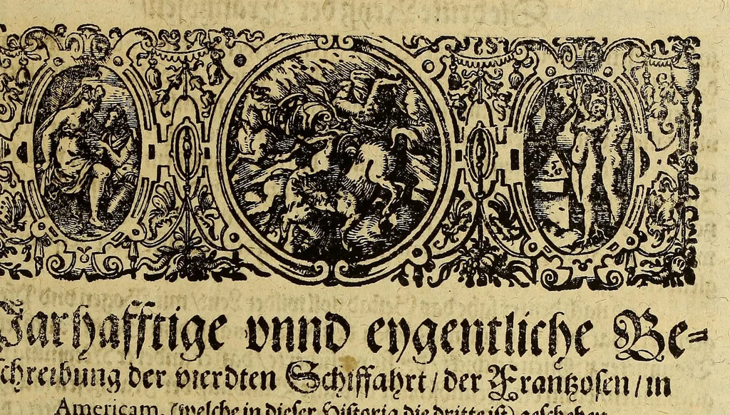 An illustration from Der ander Theil, der newlich erfundenen Landtschafft Americae, von dreyen Schiffahrten, so die Frantzosen in Floridam (die gegen Nidergang gelegen) gethan. : Eine vnter dem Hauptman[n] H. Laudonniere, Anno 1564. Die ander vnter H. Ribald 1565. Die dritte, vnter H. Guerguesio 1567. geschehen. Mit Beschreibung vnd lebendiger Contrafactur, dieser Provintze, Gestalt, Sitten vnd Gebräuch der Wilden,, 1603, leaf 153