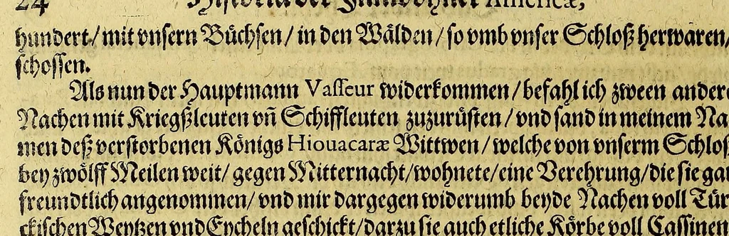 An illustration from Der ander Theil, der newlich erfundenen Landtschafft Americae, von dreyen Schiffahrten, so die Frantzosen in Floridam (die gegen Nidergang gelegen) gethan. : Eine vnter dem Hauptman[n] H. Laudonniere, Anno 1564. Die ander vnter H. Ribald 1565. Die dritte, vnter H. Guerguesio 1567. geschehen. Mit Beschreibung vnd lebendiger Contrafactur, dieser Provintze, Gestalt, Sitten vnd Gebräuch der Wilden,, 1603, leaf 40
