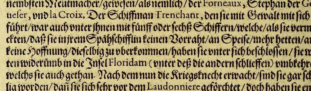 An illustration from Der ander Theil, der newlich erfundenen Landtschafft Americae, von dreyen Schiffahrten, so die Frantzosen in Floridam (die gegen Nidergang gelegen) gethan. : Eine vnter dem Hauptman[n] H. Laudonniere, Anno 1564. Die ander vnter H. Ribald 1565. Die dritte, vnter H. Guerguesio 1567. geschehen. Mit Beschreibung vnd lebendiger Contrafactur, dieser Provintze, Gestalt, Sitten vnd Gebräuch der Wilden,, 1603, leaf 42