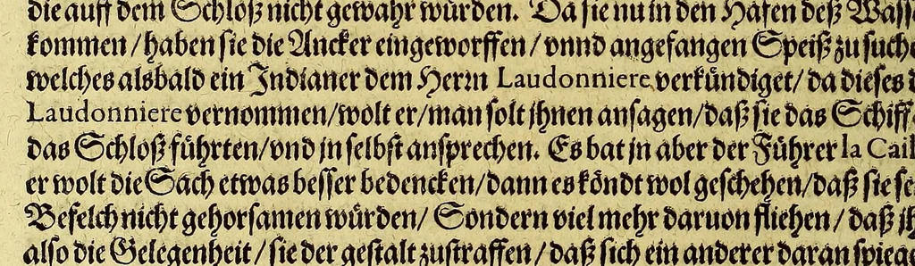 An illustration from Der ander Theil, der newlich erfundenen Landtschafft Americae, von dreyen Schiffahrten, so die Frantzosen in Floridam (die gegen Nidergang gelegen) gethan. : Eine vnter dem Hauptman[n] H. Laudonniere, Anno 1564. Die ander vnter H. Ribald 1565. Die dritte, vnter H. Guerguesio 1567. geschehen. Mit Beschreibung vnd lebendiger Contrafactur, dieser Provintze, Gestalt, Sitten vnd Gebräuch der Wilden,, 1603, leaf 42
