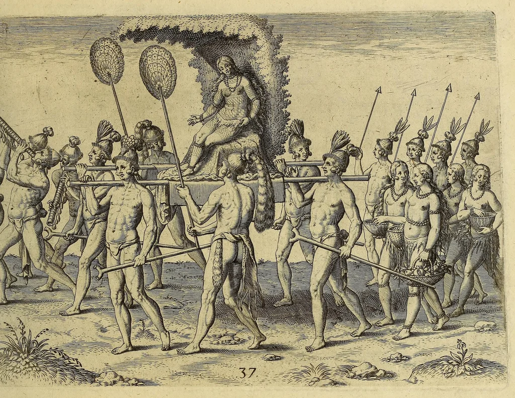 An illustration from Der ander Theyl, der newlich erfundenen Landtschafft Americae, von dreyen Schiffahrten, so die Frantzosen in Floridam (die gegen Nidergang gelegen) gethan. : Eine vnter dem Häuptmann H. Laudonniere, Anno 1564. Die ander vnter H. Ribald 1565. Die dritte, vnter H. Guorguesio 1567. geschehen. Mit Beschreibung vnd lebendiger Contrafactur, dieser Provintze, Gestalt, Sitten vnd Gebräuch der Wilden,, 1591, leaf 139