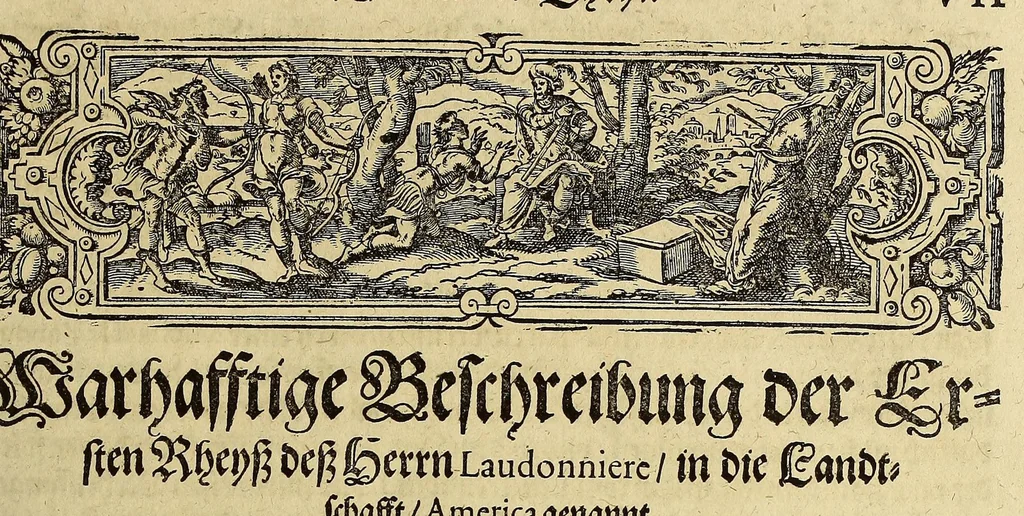 An illustration from Der ander Theyl, der newlich erfundenen Landtschafft Americae, von dreyen Schiffahrten, so die Frantzosen in Floridam (die gegen Nidergang gelegen) gethan. : Eine vnter dem Häuptmann H. Laudonniere, Anno 1564. Die ander vnter H. Ribald 1565. Die dritte, vnter H. Guorguesio 1567. geschehen. Mit Beschreibung vnd lebendiger Contrafactur, dieser Provintze, Gestalt, Sitten vnd Gebräuch der Wilden,, 1591, leaf 25