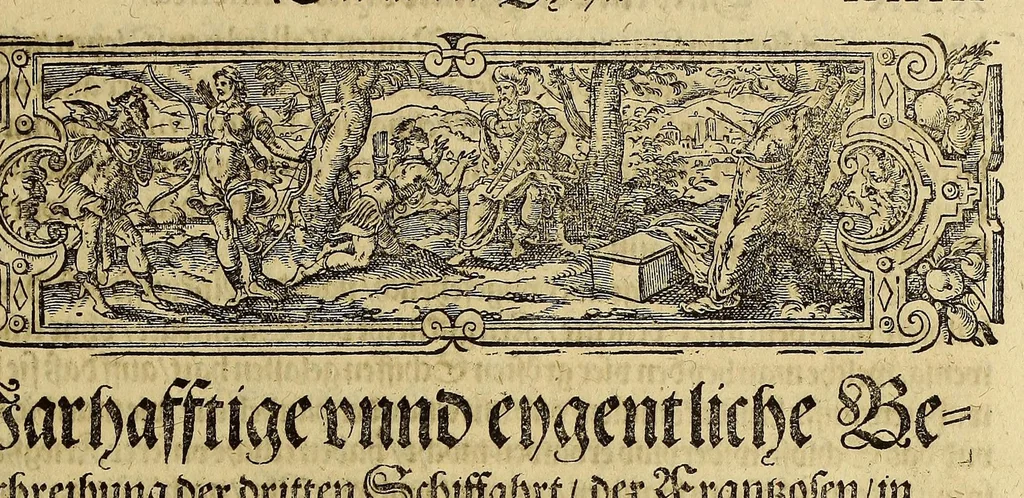 An illustration from Der ander Theyl, der newlich erfundenen Landtschafft Americae, von dreyen Schiffahrten, so die Frantzosen in Floridam (die gegen Nidergang gelegen) gethan. : Eine vnter dem Häuptmann H. Laudonniere, Anno 1564. Die ander vnter H. Ribald 1565. Die dritte, vnter H. Guorguesio 1567. geschehen. Mit Beschreibung vnd lebendiger Contrafactur, dieser Provintze, Gestalt, Sitten vnd Gebräuch der Wilden,, 1591, leaf 47