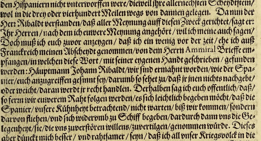 An illustration from Der ander Theyl, der newlich erfundenen Landtschafft Americae, von dreyen Schiffahrten, so die Frantzosen in Floridam (die gegen Nidergang gelegen) gethan. : Eine vnter dem Häuptmann H. Laudonniere, Anno 1564. Die ander vnter H. Ribald 1565. Die dritte, vnter H. Guorguesio 1567. geschehen. Mit Beschreibung vnd lebendiger Contrafactur, dieser Provintze, Gestalt, Sitten vnd Gebräuch der Wilden,, 1591, leaf 49