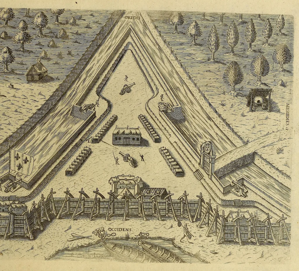 An illustration from Der ander Theyl, der newlich erfundenen Landtschafft Americae, von dreyen Schiffahrten, so die Frantzosen in Floridam (die gegen Nidergang gelegen) gethan. : Eine vnter dem Häuptmann H. Laudonniere, Anno 1564. Die ander vnter H. Ribald 1565. Die dritte, vnter H. Guorguesio 1567. geschehen. Mit Beschreibung vnd lebendiger Contrafactur, dieser Provintze, Gestalt, Sitten vnd Gebräuch der Wilden,, 1591, leaf 85