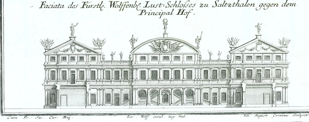 An illustration from Der auserlessneste und nach den Regeln der antiquen Bau-Kunst sowohl, als nach dem heutigen Gusto verneuerte Goldmann, als der rechtschaffenste Bau-Meister, oder die gantze Civil-Bau-Kunst : in unterschiedlichen vollständigen Anweisungen dergestalt abgehandelt, dass nicht leicht der geringste undeutliche Orth in der ehemahls edirten Goldmännischen Civil-Bau-Kunst befindlich, welcher nicht jetzo sattsam erkläret worden : alles auf das auffrichtigste mitgetheilet, 1721, leaf 156