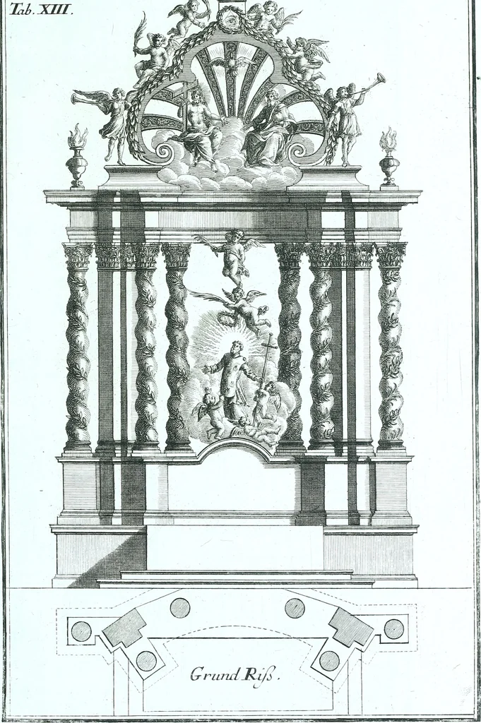 An illustration from Der auserlessneste und nach den Regeln der antiquen Bau-Kunst sowohl, als nach dem heutigen Gusto verneuerte Goldmann, als der rechtschaffenste Bau-Meister, oder die gantze Civil-Bau-Kunst : in unterschiedlichen vollständigen Anweisungen dergestalt abgehandelt, dass nicht leicht der geringste undeutliche Orth in der ehemahls edirten Goldmännischen Civil-Bau-Kunst befindlich, welcher nicht jetzo sattsam erkläret worden : alles auf das auffrichtigste mitgetheilet, 1721, leaf 180