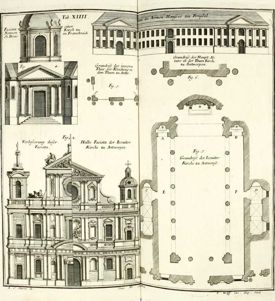 An illustration from Der auserlessneste und nach den Regeln der antiquen Bau-Kunst sowohl, als nach dem heutigen Gusto verneuerte Goldmann, als der rechtschaffenste Bau-Meister, oder die gantze Civil-Bau-Kunst : in unterschiedlichen vollständigen Anweisungen dergestalt abgehandelt, dass nicht leicht der geringste undeutliche Orth in der ehemahls edirten Goldmännischen Civil-Bau-Kunst befindlich, welcher nicht jetzo sattsam erkläret worden : alles auf das auffrichtigste mitgetheilet, 1721, leaf 183