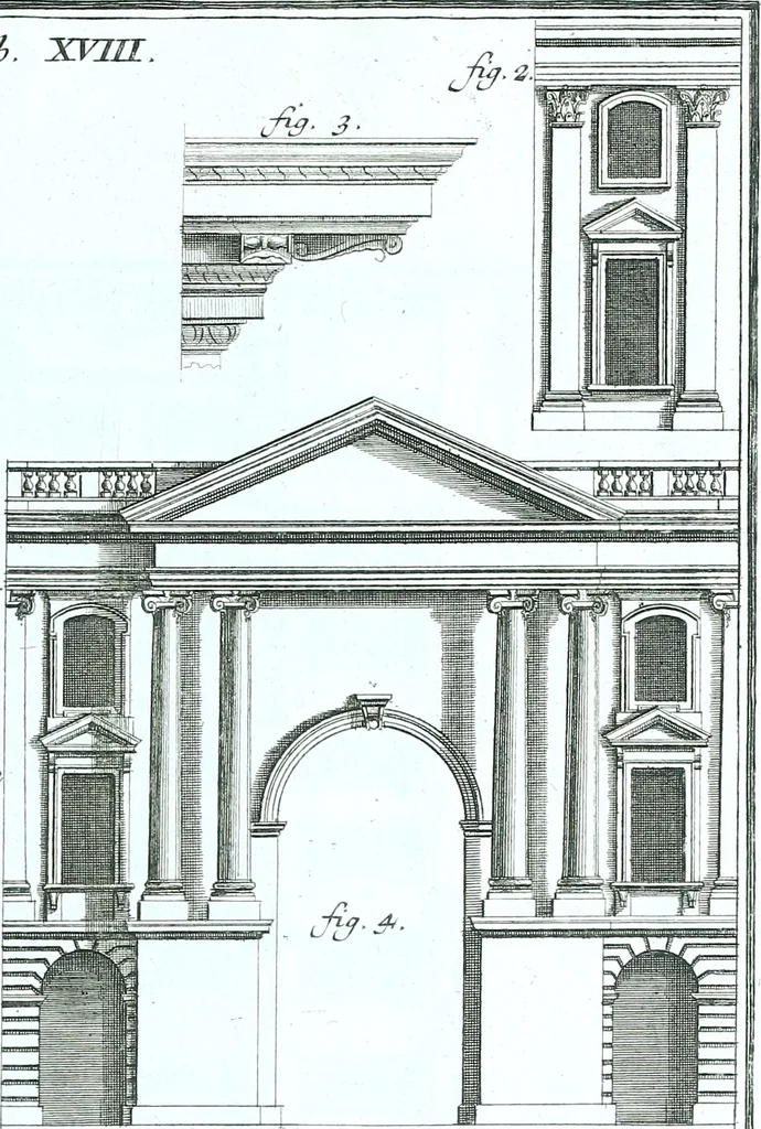 An illustration from Der auserlessneste und nach den Regeln der antiquen Bau-Kunst sowohl, als nach dem heutigen Gusto verneuerte Goldmann, als der rechtschaffenste Bau-Meister, oder die gantze Civil-Bau-Kunst : in unterschiedlichen vollständigen Anweisungen dergestalt abgehandelt, dass nicht leicht der geringste undeutliche Orth in der ehemahls edirten Goldmännischen Civil-Bau-Kunst befindlich, welcher nicht jetzo sattsam erkläret worden : alles auf das auffrichtigste mitgetheilet, 1721, leaf 190