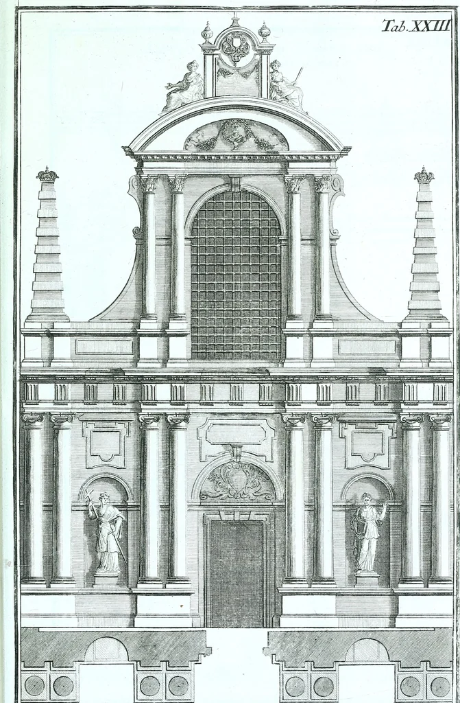 An illustration from Der auserlessneste und nach den Regeln der antiquen Bau-Kunst sowohl, als nach dem heutigen Gusto verneuerte Goldmann, als der rechtschaffenste Bau-Meister, oder die gantze Civil-Bau-Kunst : in unterschiedlichen vollständigen Anweisungen dergestalt abgehandelt, dass nicht leicht der geringste undeutliche Orth in der ehemahls edirten Goldmännischen Civil-Bau-Kunst befindlich, welcher nicht jetzo sattsam erkläret worden : alles auf das auffrichtigste mitgetheilet, 1721, leaf 200