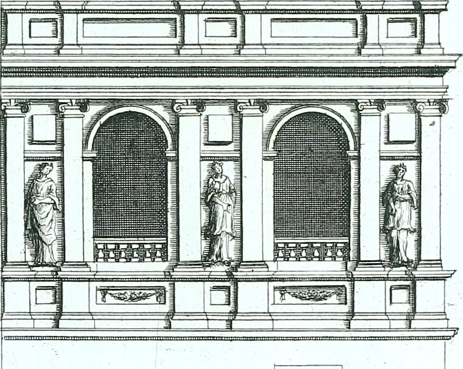 An illustration from Der auserlessneste und nach den Regeln der antiquen Bau-Kunst sowohl, als nach dem heutigen Gusto verneuerte Goldmann, als der rechtschaffenste Bau-Meister, oder die gantze Civil-Bau-Kunst : in unterschiedlichen vollständigen Anweisungen dergestalt abgehandelt, dass nicht leicht der geringste undeutliche Orth in der ehemahls edirten Goldmännischen Civil-Bau-Kunst befindlich, welcher nicht jetzo sattsam erkläret worden : alles auf das auffrichtigste mitgetheilet, 1721, leaf 202