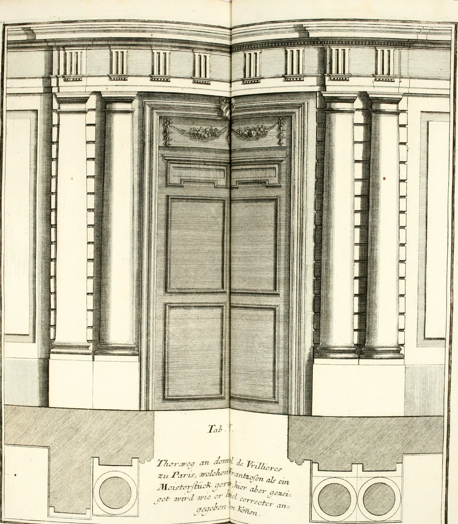 An illustration from Der auserlessneste und nach den Regeln der antiquen Bau-Kunst sowohl, als nach dem heutigen Gusto verneuerte Goldmann, als der rechtschaffenste Bau-Meister, oder die gantze Civil-Bau-Kunst : in unterschiedlichen vollständigen Anweisungen dergestalt abgehandelt, dass nicht leicht der geringste undeutliche Orth in der ehemahls edirten Goldmännischen Civil-Bau-Kunst befindlich, welcher nicht jetzo sattsam erkläret worden : alles auf das auffrichtigste mitgetheilet, 1721, leaf 205