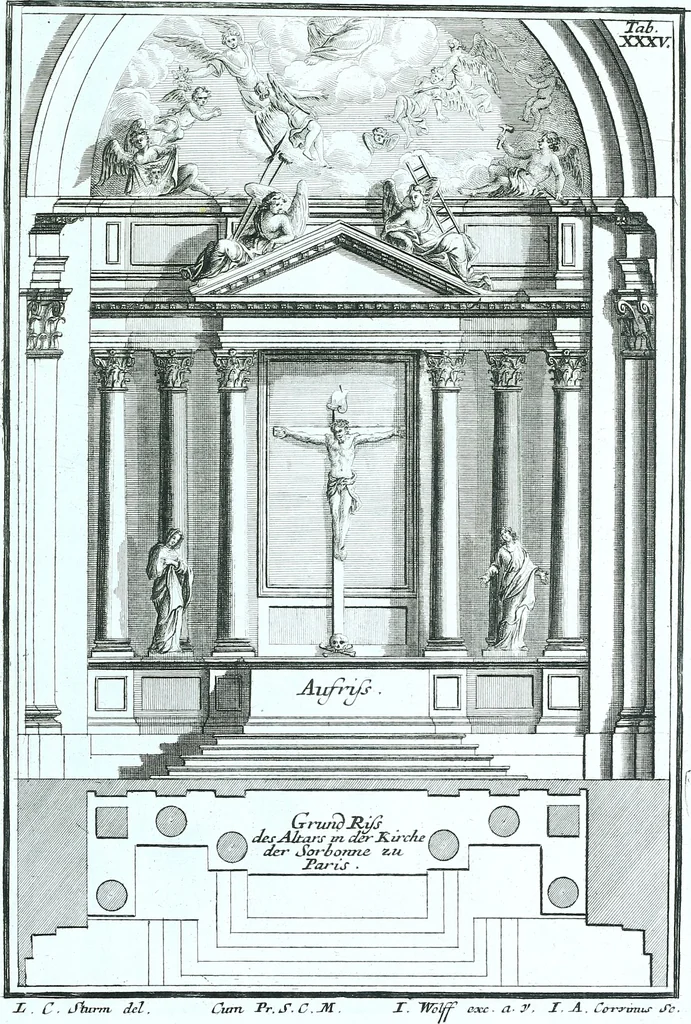An illustration from Der auserlessneste und nach den Regeln der antiquen Bau-Kunst sowohl, als nach dem heutigen Gusto verneuerte Goldmann, als der rechtschaffenste Bau-Meister, oder die gantze Civil-Bau-Kunst : in unterschiedlichen vollständigen Anweisungen dergestalt abgehandelt, dass nicht leicht der geringste undeutliche Orth in der ehemahls edirten Goldmännischen Civil-Bau-Kunst befindlich, welcher nicht jetzo sattsam erkläret worden : alles auf das auffrichtigste mitgetheilet, 1721, leaf 224