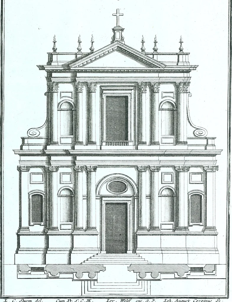 An illustration from Der auserlessneste und nach den Regeln der antiquen Bau-Kunst sowohl, als nach dem heutigen Gusto verneuerte Goldmann, als der rechtschaffenste Bau-Meister, oder die gantze Civil-Bau-Kunst : in unterschiedlichen vollständigen Anweisungen dergestalt abgehandelt, dass nicht leicht der geringste undeutliche Orth in der ehemahls edirten Goldmännischen Civil-Bau-Kunst befindlich, welcher nicht jetzo sattsam erkläret worden : alles auf das auffrichtigste mitgetheilet, 1721, leaf 230