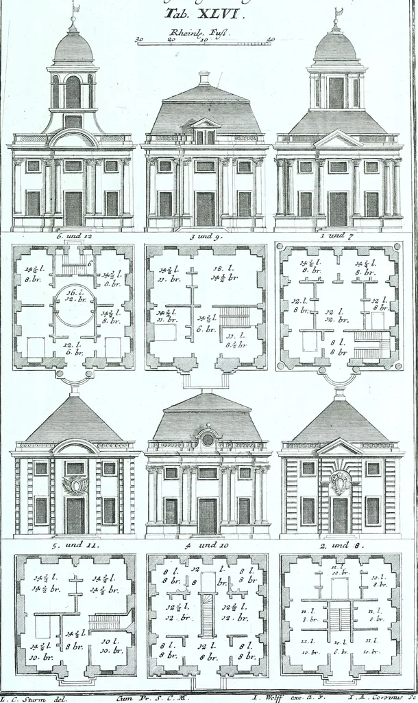 An illustration from Der auserlessneste und nach den Regeln der antiquen Bau-Kunst sowohl, als nach dem heutigen Gusto verneuerte Goldmann, als der rechtschaffenste Bau-Meister, oder die gantze Civil-Bau-Kunst : in unterschiedlichen vollständigen Anweisungen dergestalt abgehandelt, dass nicht leicht der geringste undeutliche Orth in der ehemahls edirten Goldmännischen Civil-Bau-Kunst befindlich, welcher nicht jetzo sattsam erkläret worden : alles auf das auffrichtigste mitgetheilet, 1721, leaf 246