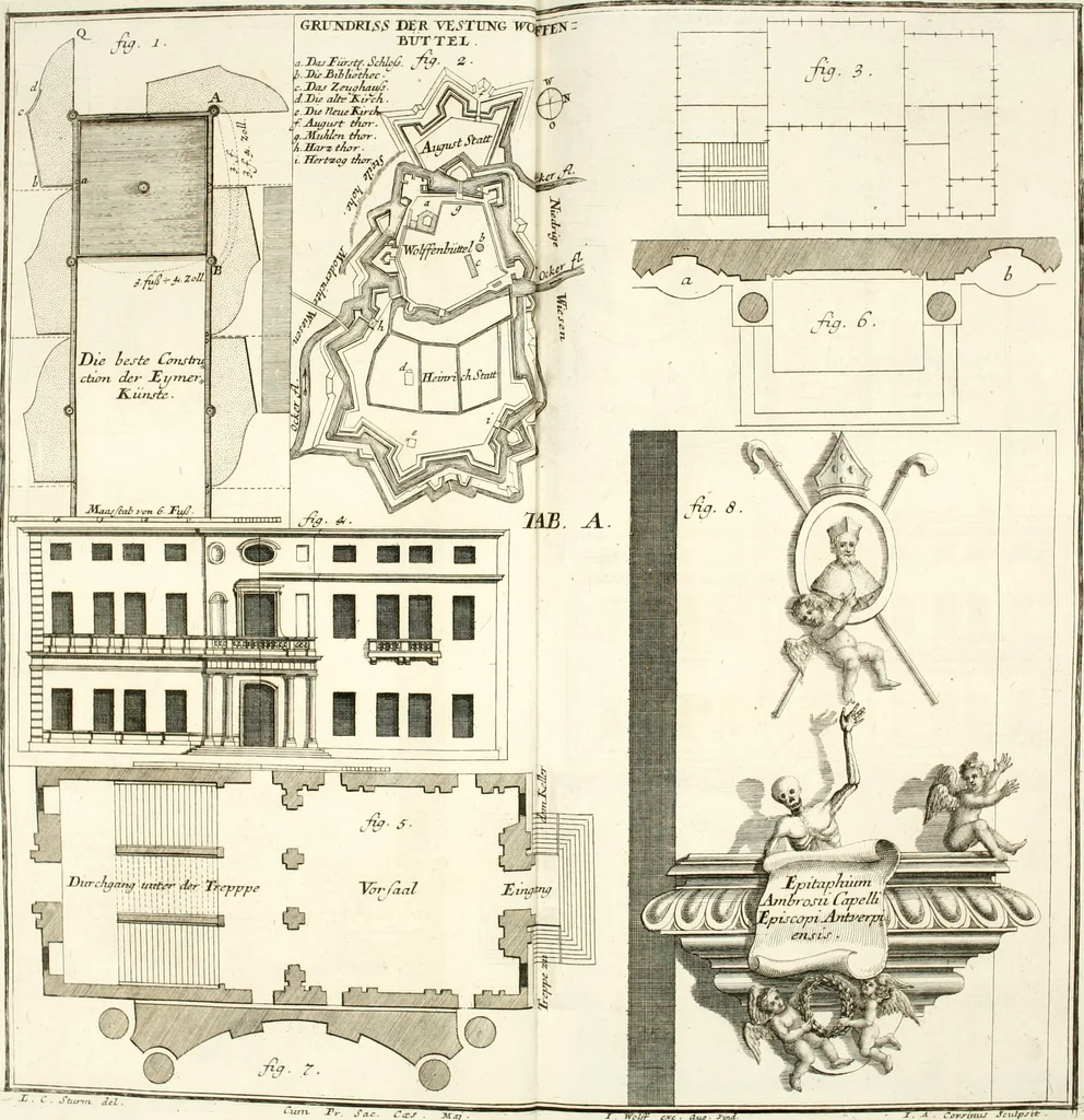 An illustration from Der auserlessneste und nach den Regeln der antiquen Bau-Kunst sowohl, als nach dem heutigen Gusto verneuerte Goldmann, als der rechtschaffenste Bau-Meister, oder die gantze Civil-Bau-Kunst : in unterschiedlichen vollständigen Anweisungen dergestalt abgehandelt, dass nicht leicht der geringste undeutliche Orth in der ehemahls edirten Goldmännischen Civil-Bau-Kunst befindlich, welcher nicht jetzo sattsam erkläret worden : alles auf das auffrichtigste mitgetheilet, 1721, leaf 7