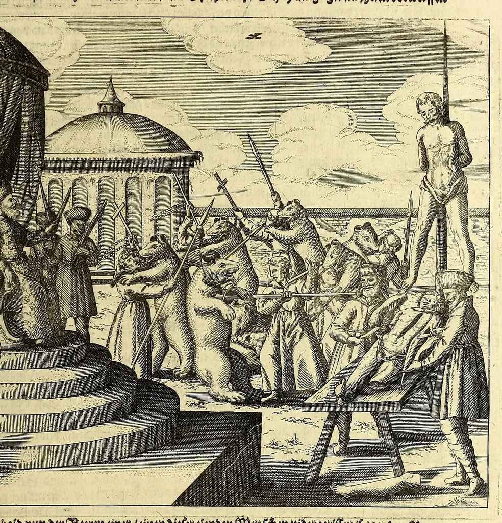 An illustration from Der dreyzehende Theil der Orientalischen Indien, darinnen beneben etlichen newen, gedenckwürdigen Schiffarten vnd Reysen, so von vnterschiedlichen Völckern, sonderlich den Portugesen, Englischen vnd Holländern, in Ost Indien, vnd dem anstossende Königreich, vom Jahr 1615. biss vff 1628. verrichtet worden. : Auch insonderheit andere biss anhero unbekandte Königreich vnnd Länder, sonderlich das Königreich Indostan, oder dess grossen Mogols, Königreich China, Persien, wie auch Moscaw, Reussen, Groenlandt, Tartarey, Algier, und andere angräntzenden Provintzen, von newem beschrieben, und mit erst erfundenen Landtaffeln vor Augen gestellet worden. Alles mit sonderbaren schönen Kupfferstücken gezieret. Mit Köm. Keys. Maj. Freyheit begnadet, 1628, leaf 175
