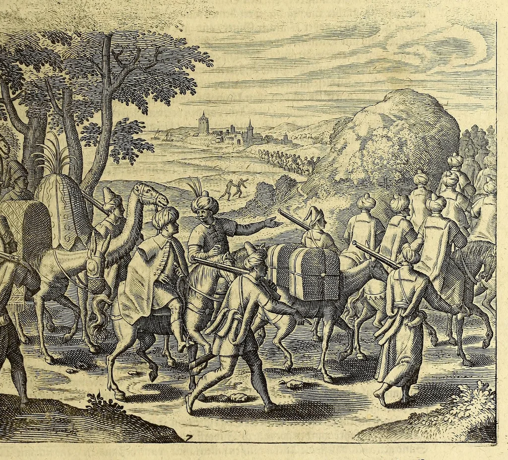 An illustration from Der dreyzehende Theil der Orientalischen Indien, darinnen beneben etlichen newen, gedenckwürdigen Schiffarten vnd Reysen, so von vnterschiedlichen Völckern, sonderlich den Portugesen, Englischen vnd Holländern, in Ost Indien, vnd dem anstossende Königreich, vom Jahr 1615. biss vff 1628. verrichtet worden. : Auch insonderheit andere biss anhero unbekandte Königreich vnnd Länder, sonderlich das Königreich Indostan, oder dess grossen Mogols, Königreich China, Persien, wie auch Moscaw, Reussen, Groenlandt, Tartarey, Algier, und andere angräntzenden Provintzen, von newem beschrieben, und mit erst erfundenen Landtaffeln vor Augen gestellet worden. Alles mit sonderbaren schönen Kupfferstücken gezieret. Mit Köm. Keys. Maj. Freyheit begnadet, 1628, leaf 25