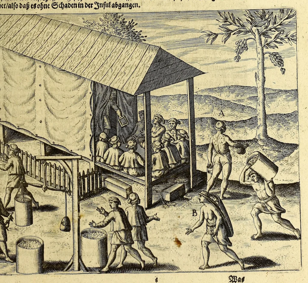 An illustration from Der dreyzehende Theil der Orientalischen Indien, darinnen beneben etlichen newen, gedenckwürdigen Schiffarten vnd Reysen, so von vnterschiedlichen Völckern, sonderlich den Portugesen, Englischen vnd Holländern, in Ost Indien, vnd dem anstossende Königreich, vom Jahr 1615. biss vff 1628. verrichtet worden. : Auch insonderheit andere biss anhero unbekandte Königreich vnnd Länder, sonderlich das Königreich Indostan, oder dess grossen Mogols, Königreich China, Persien, wie auch Moscaw, Reussen, Groenlandt, Tartarey, Algier, und andere angräntzenden Provintzen, von newem beschrieben, und mit erst erfundenen Landtaffeln vor Augen gestellet worden. Alles mit sonderbaren schönen Kupfferstücken gezieret. Mit Köm. Keys. Maj. Freyheit begnadet, 1628, leaf 31